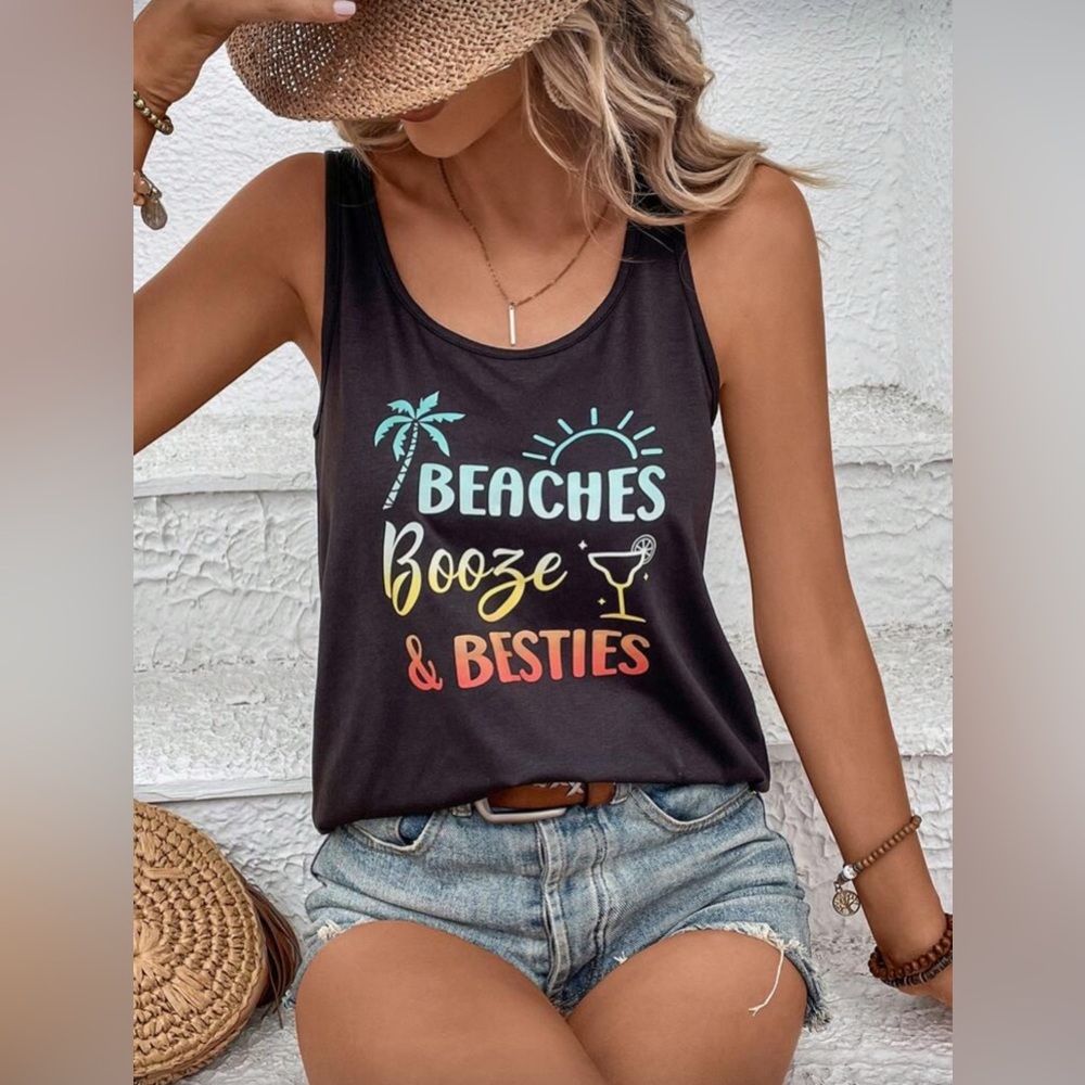 🆕 Beaches Booze & Besties Graphic Black Tank Top